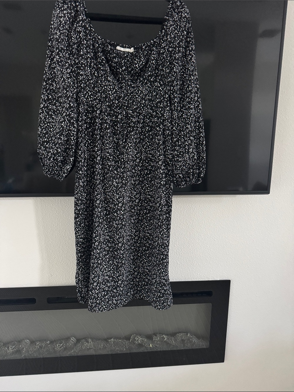 All in Favor Black Dress with White Scatter Print and Puff Sleeves